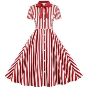 Robe de soirée mi-longue à manches courtes, élégante, vintage, rayée, imprimé nœud, balançoire, robes décontractées - 210725/2137