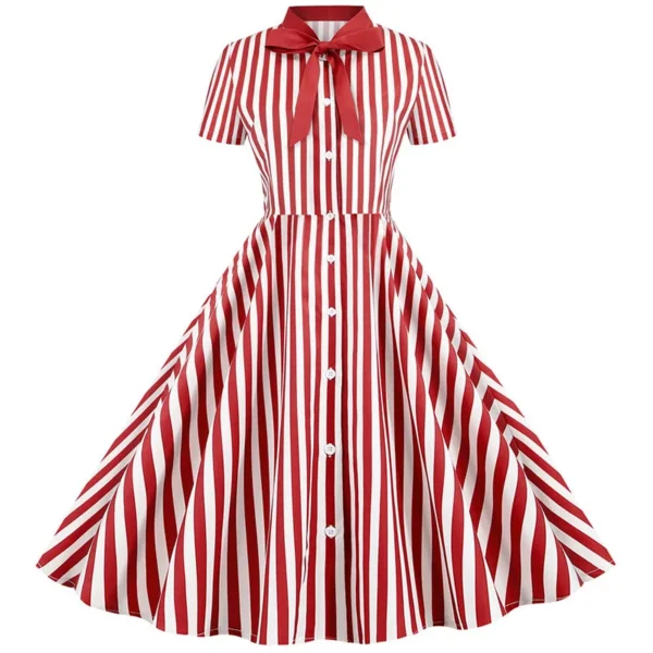 Robe de soirée mi-longue à manches courtes, élégante, vintage, rayée, imprimé nœud, balançoire, robes décontractées - 210725/2137