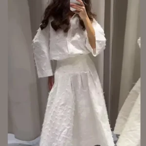Ensemble pantalon ajouré blanc décontracté, chemisier tricoté à simple boutonnage, pantalon à jambes larges - 220725/1919