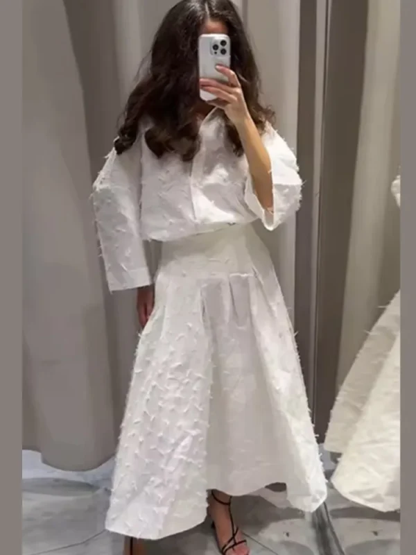 Ensemble pantalon ajouré blanc décontracté, chemisier tricoté à simple boutonnage, pantalon à jambes larges - 220725/1919