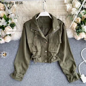 Veste couleur unie, Style Safari, col rabattu, manches longues, manteau court assorti avec poches - 190725/2021