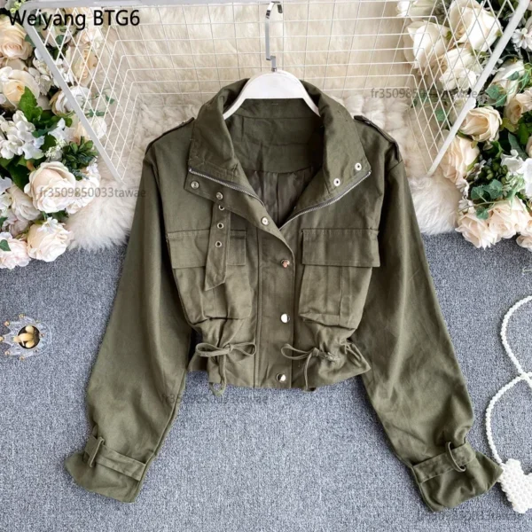 Veste couleur unie, Style Safari, col rabattu, manches longues, manteau court assorti avec poches - 190725/2021