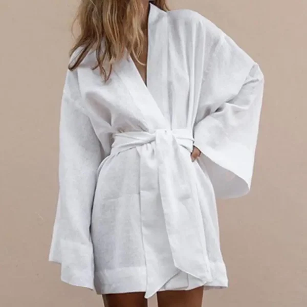 Robe kimono à manches longues, col en V avec sceinture, confortable et doux, Chic et ourlet ample -13072025/2059 – Image 4