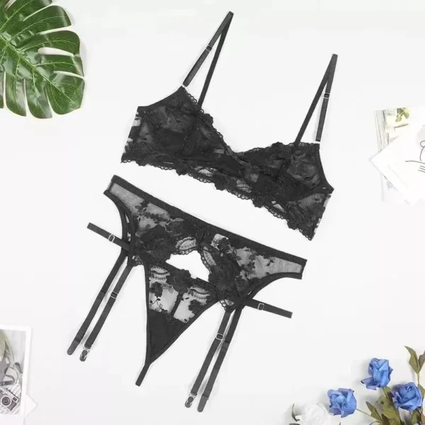 Ensemble de Lingerie en dentelle brodée, soutien-gorge effet Push Up, culotte, haut, sous-vêtements Sexy - 190725/2243 – Image 5