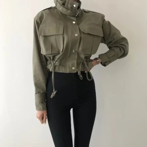 Veste couleur unie, Style Safari, col rabattu, manches longues, manteau court assorti avec poches - 190725/2021 – Image 6
