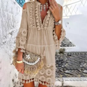Robe broderie Crochet dentelle élégant épaules nues - 140725/1102