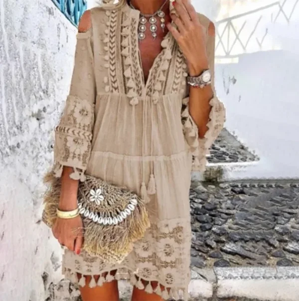 Robe broderie Crochet dentelle élégant épaules nues - 140725/1102