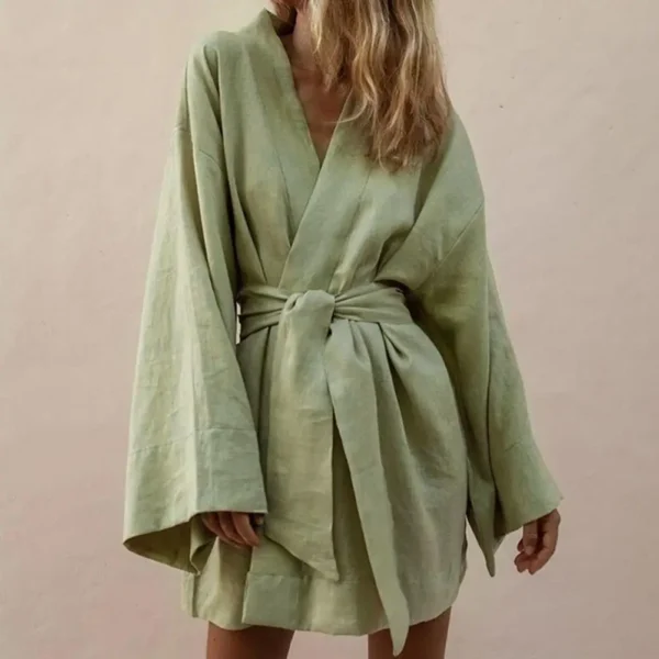 Robe kimono à manches longues, col en V avec sceinture, confortable et doux, Chic et ourlet ample -13072025/2059 – Image 2