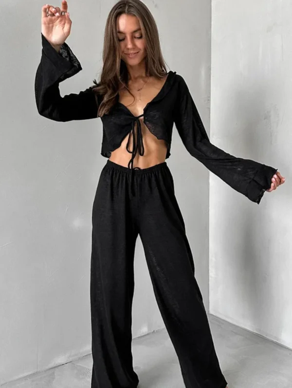 Ensemble pyjama couleur unie, ample, décontracté à manches longue,s pantalon ensemble doux confortable - 200725/2004 – Image 5