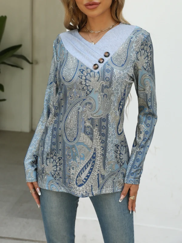 Haut à fleurs imprimé bleu, manches longues, détails de boutons, décolleté asymétrique, épaules dénudées - 210725/2115 – Image 3