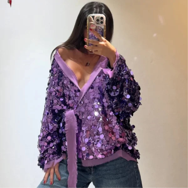 Cardigan  Chic paillettes et lacets, col en v à manches longues,  veste ample - 190725/1857 – Image 9