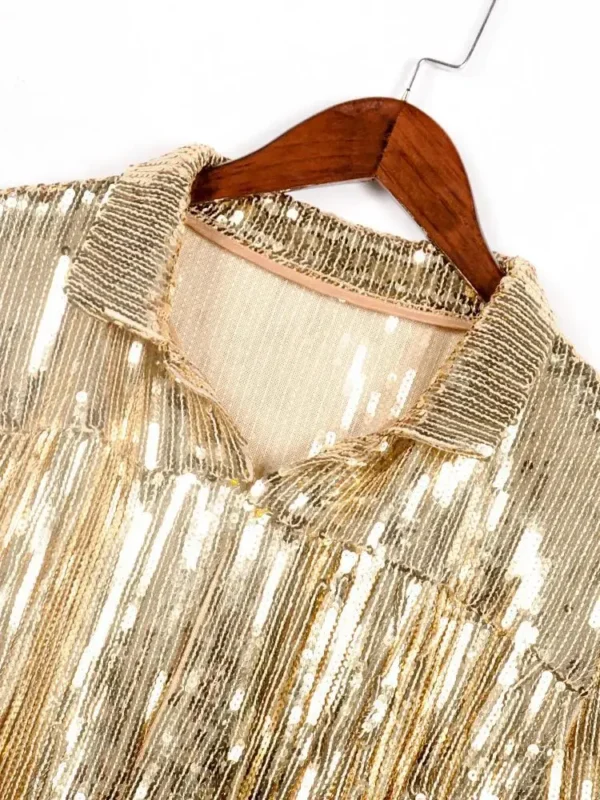 Veste à paillettes avec pompon et fermeture éclair, style rétro à manches longues - 190725/1906 – Image 6