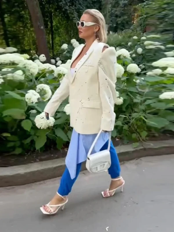 Manteau imprimé décolté, veste à revers, simple boutonnage, manches longues, épaules dénudées - 190725/2019