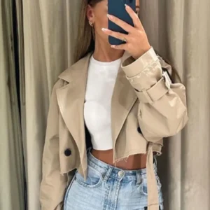 Trench beige court avec ceinture, Vintage, Streetwear, Double boutonnage, manches longues - 190725/2003