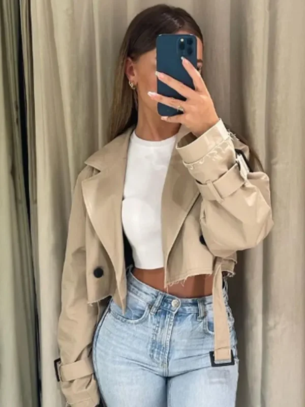 Trench beige court avec ceinture, Vintage, Streetwear, Double boutonnage, manches longues - 190725/2003