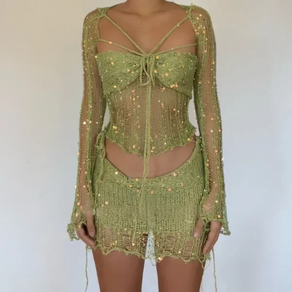 Ensemble haut et mini jupe à paillettes brillantes, tenue en 3 pièces - 140725/2139 – Image 4