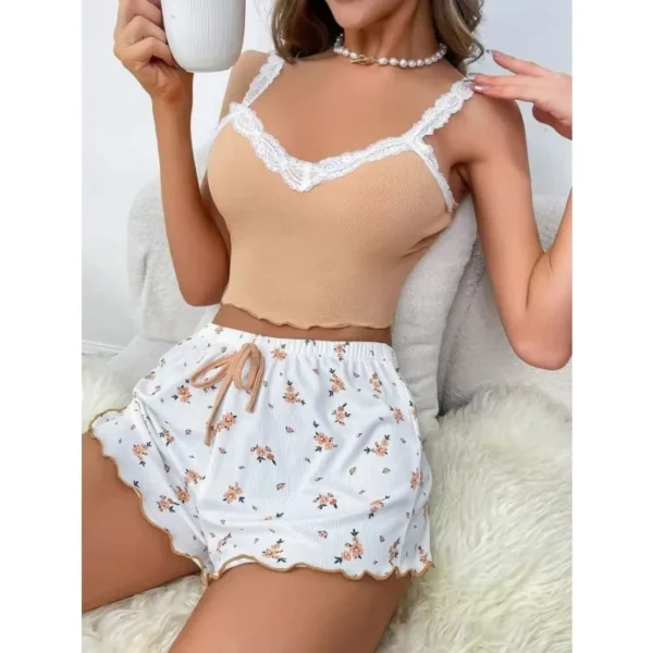 Pyjama rose dentelle, col en V vêtements de nuit Sexy - 180725/2357 – Image 6