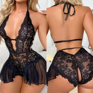 Sous-vêtements Sexy sans entrejambe, ensemble de soutien-gorge creux en dentelle,  soutien-gorge ouvert en V profond - 190725/2322