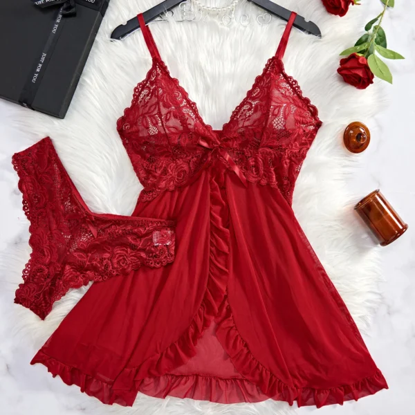 Ensemble nuisette et lingerie transparent rouge dentelle - 200725/2306