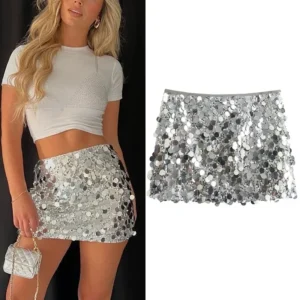 Mini jupe à paillettes argentées, taille haute - 160725/2005