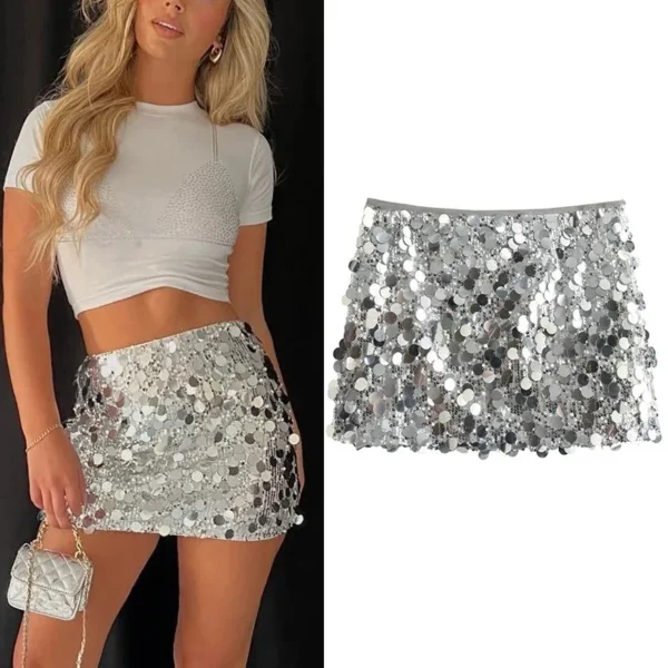 Mini jupe à paillettes argentées, taille haute - 160725/2005