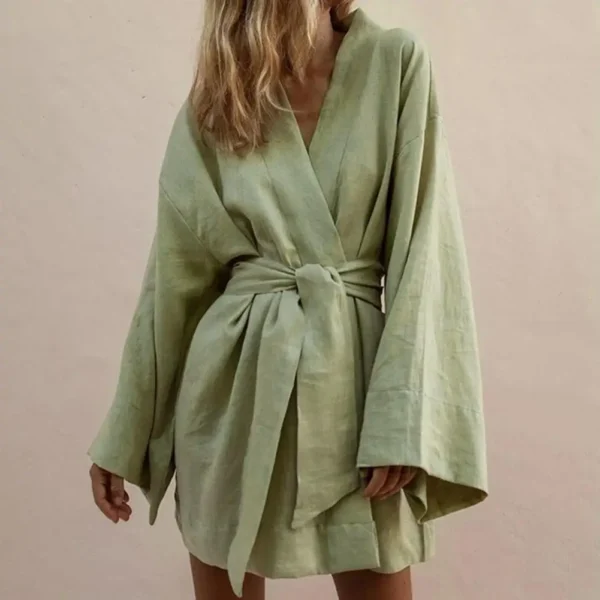 Robe kimono à manches longues, col en V avec sceinture, confortable et doux, Chic et ourlet ample -13072025/2059