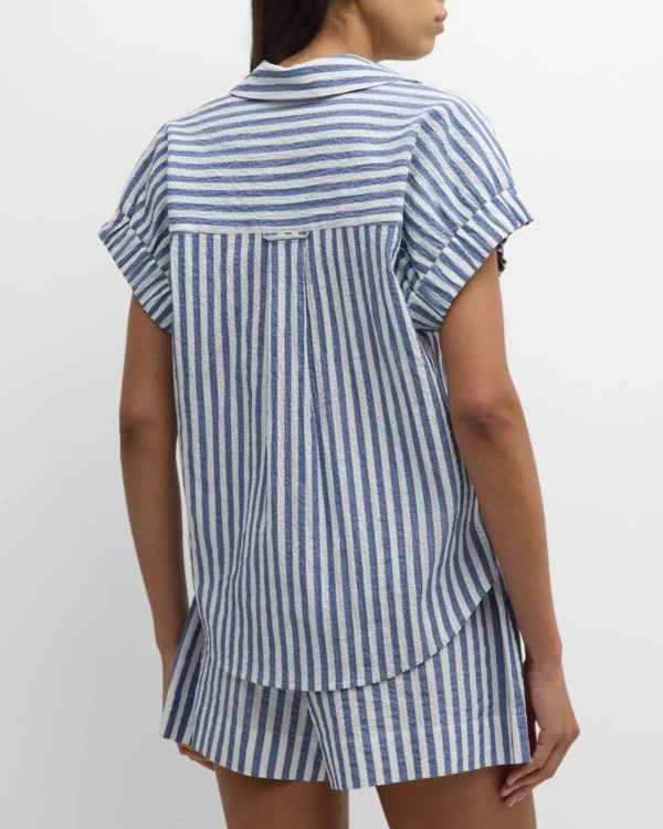 Ensemble à manches courtes, col en V, rayé bleu/blanc - 210725/2117 – Image 2