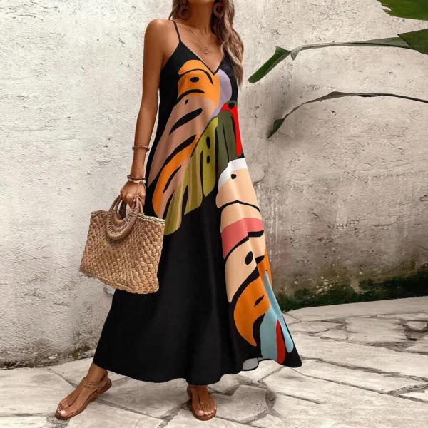 Robe dos nu longue , imprimé feuilles couleur, col en v sans manches, poche latérale - 210725/2112 – Image 5