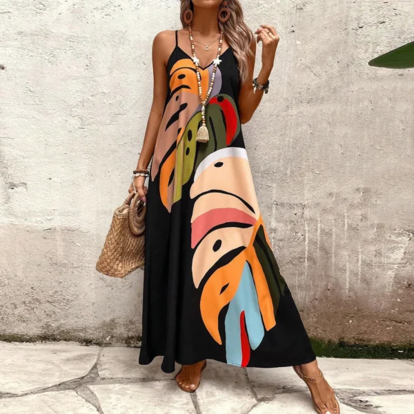 Robe dos nu longue , imprimé feuilles couleur, col en v sans manches, poche latérale - 210725/2112 – Image 3