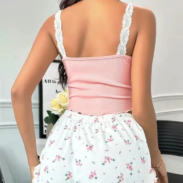 Pyjama rose dentelle, col en V vêtements de nuit Sexy - 180725/2357 – Image 3