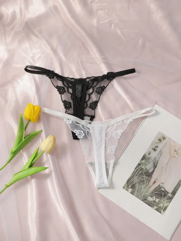 Lot de 2 strings en dentelle Sexy noir et blanc brodé fleur imprimé - 140725/2104 – Image 7