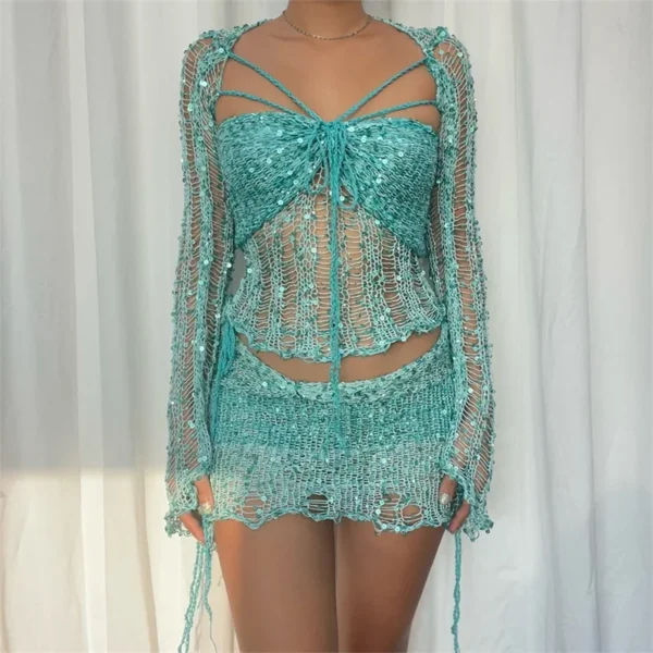 Ensemble haut et mini jupe à paillettes brillantes, tenue en 3 pièces - 140725/2139 – Image 3