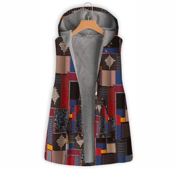 Gilet à capuche à motif Patchwor, doublure polaire, haut Long sans manches - 21072025/2104