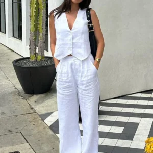 Ensemble deux pièces en lin blanc - 130725/1934