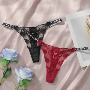 Lot de 2 strings en dentelle Sexy noir et blanc brodé fleur imprimé - 140725/2104