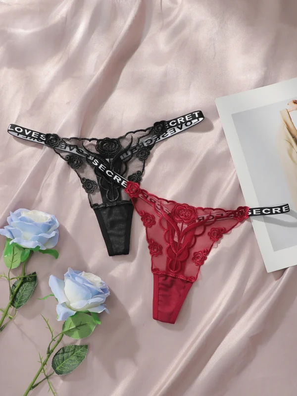 Lot de 2 strings en dentelle Sexy noir et blanc brodé fleur imprimé - 140725/2104