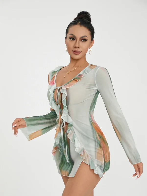 Mini robe à manches longues, laçage avec  impression , jupe fendue - 220725/1853 – Image 9