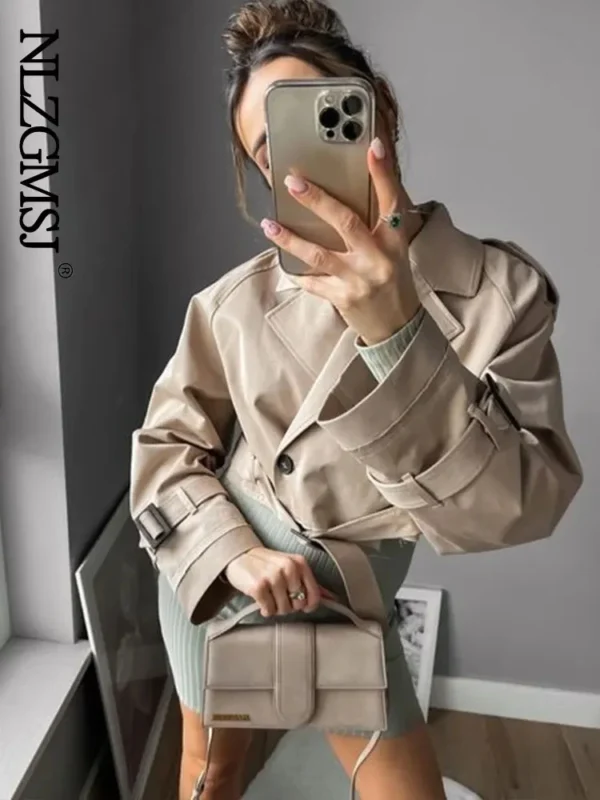 Trench beige court avec ceinture, Vintage, Streetwear, Double boutonnage, manches longues - 190725/2003 – Image 2