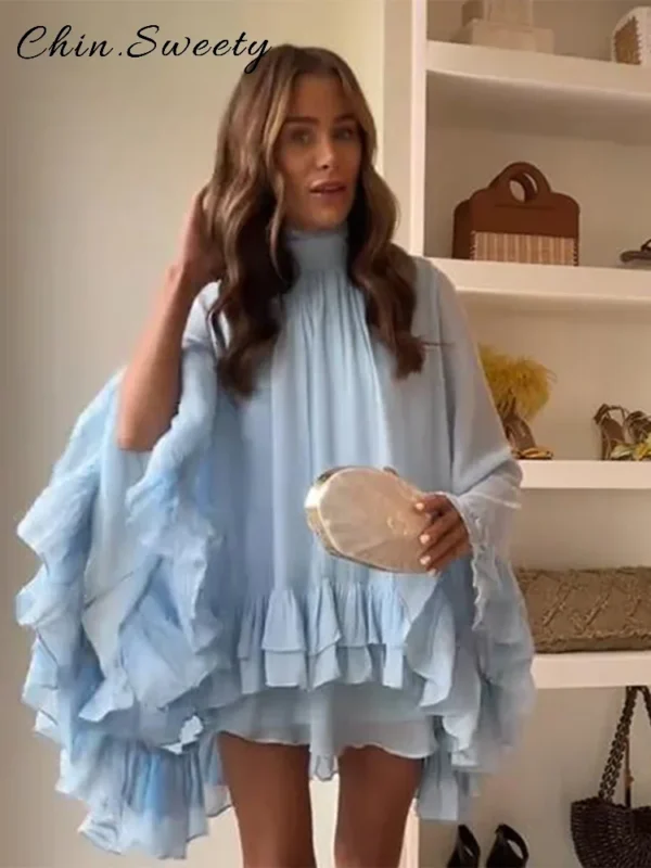 Robe bleue courtes élégante à volants en cascade - 140725/1022