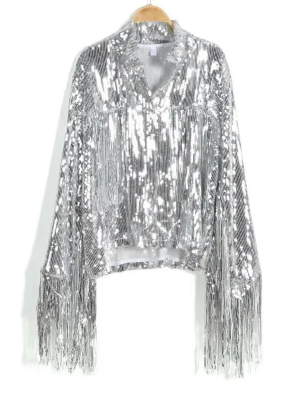 Veste à paillettes avec pompon et fermeture éclair, style rétro à manches longues - 190725/1906 – Image 2