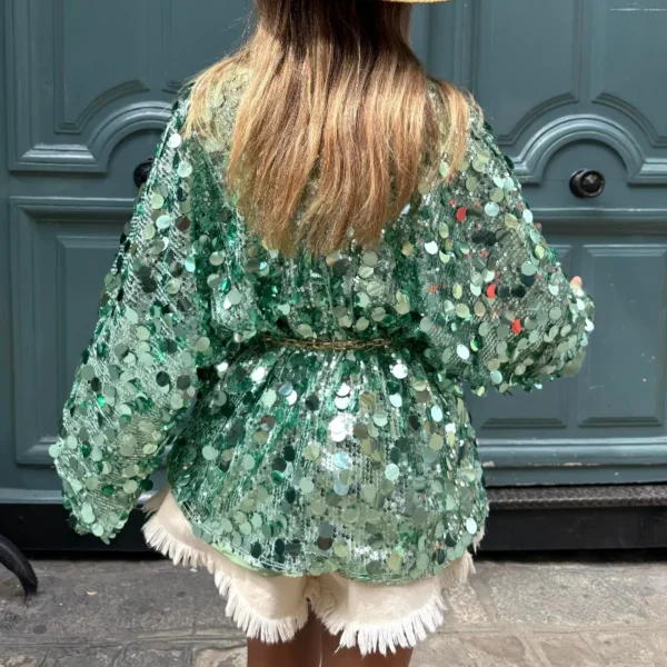 Cardigan  Chic paillettes et lacets, col en v à manches longues,  veste ample - 190725/1857 – Image 4