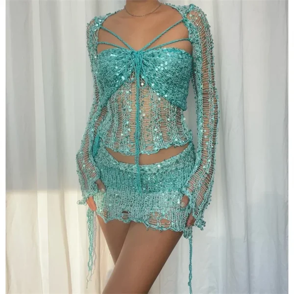 Ensemble haut et mini jupe à paillettes brillantes, tenue en 3 pièces - 140725/2139