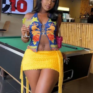 Mini jupe Sexy tricoté jaune, taille haute - 160725/2024