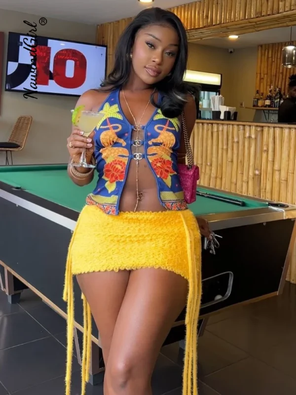 Mini jupe Sexy tricoté jaune, taille haute - 160725/2024
