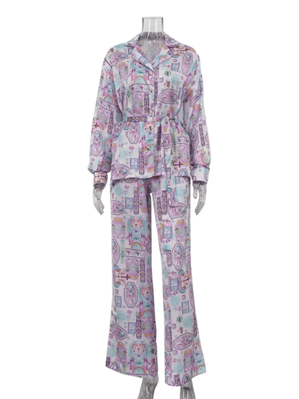 Pyjama imprimé, vêtement de nuit sexy, col rabattu, à lacets, manches longues - 200725/2000 – Image 4