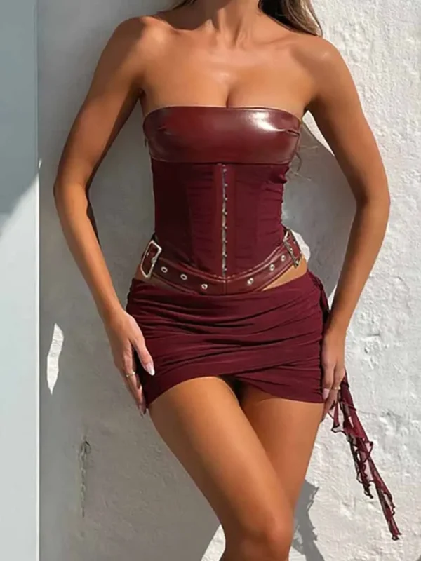 Ensemble jupe en cuir, corset à lacets sans bretelles, ceinture, mini jupe - 140725/2135 – Image 2