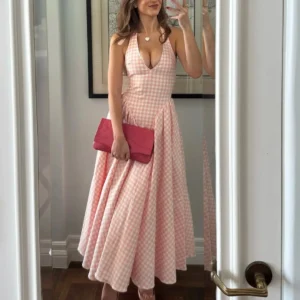 Robe longe échancrée rose carreaux sexy - 1307252041