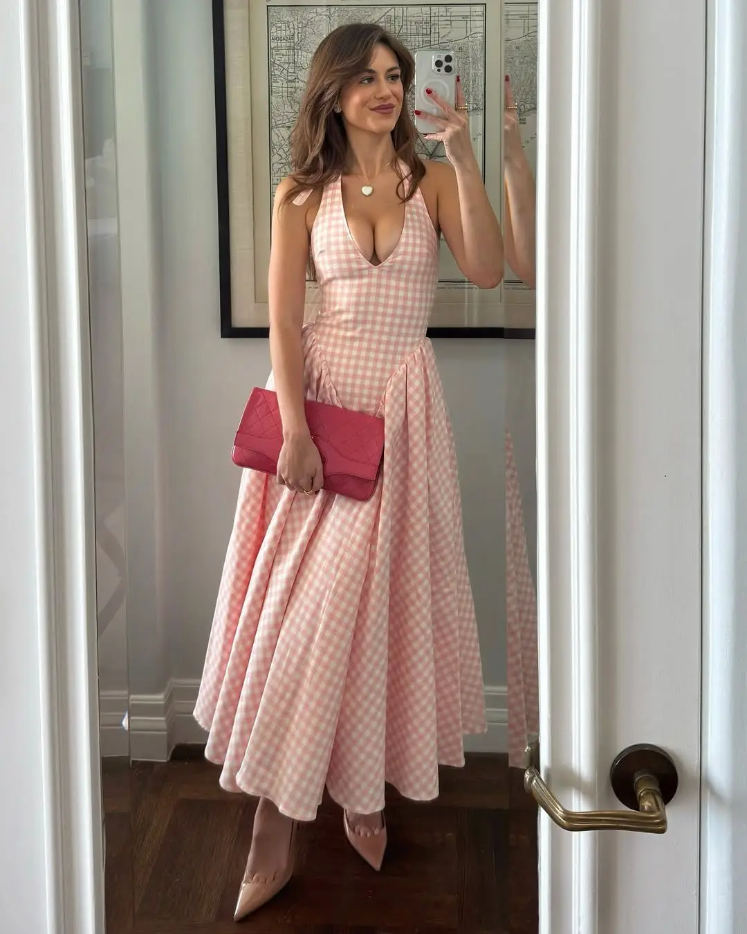 Robe longe échancrée rose carreaux sexy - 1307252041