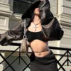 Veste à capuche en cuir style Streetwear, manche longue - 190725/1928