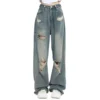 Jean rétro troué, taille haute, entrejambe droit, ample, Slim - 270725/0909